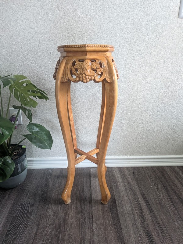 vintage Chinese carved solid wood tall pedestal stand table with a marble top