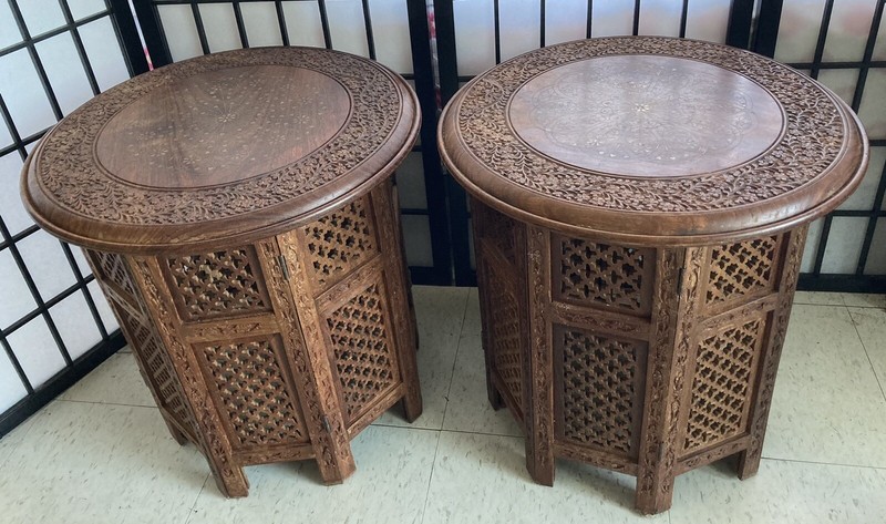 A Pair of Intricately Carved Vintage Indian side tables