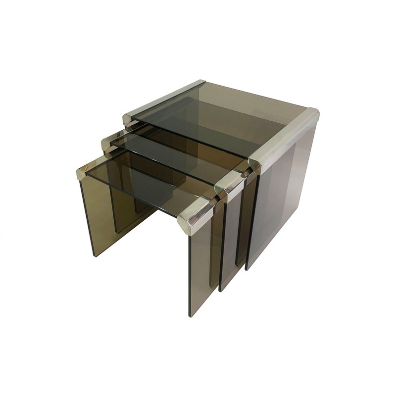 Gallotti & Radice Smoked Glass Nest Chrome Tables 1980s Coffee Vintage Retro