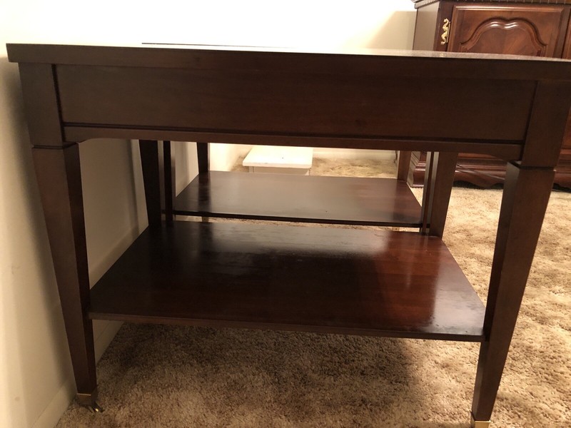 Mid Century (60’s) Federal Style MERSMAN Mahogany Side Tables On Brass Casters gallery