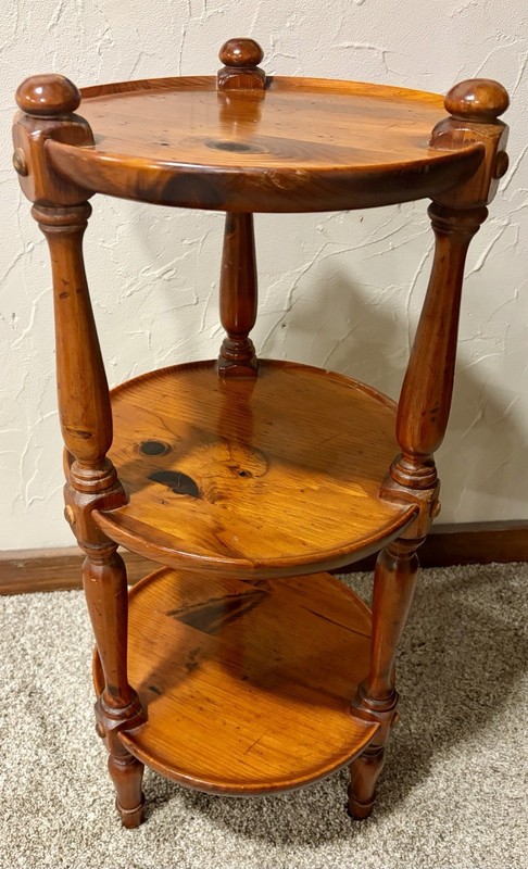 1970s Ethan Allen Old Tavern Collection Pine 3-Tier Etagere Stand Table gallery