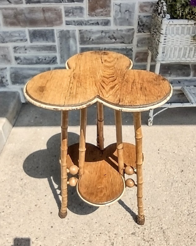 Antique Victorian Stick & Ball Bamboo & Oak 2 Tier Clover End Lamp Plant Table