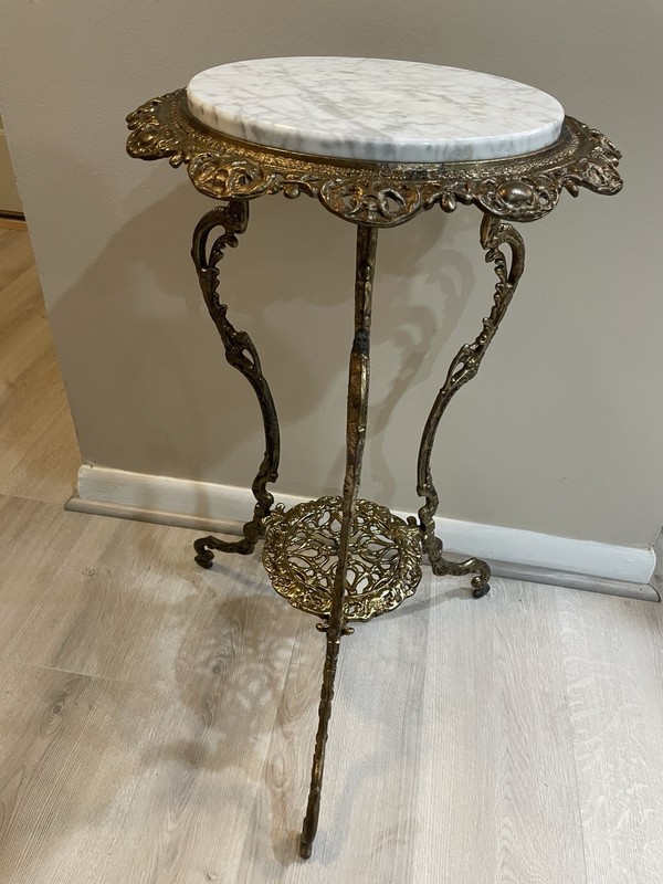 Vintage 2-Tier Brass Marble Side Table Plant Stand Art Nouveau Italy Gueridon