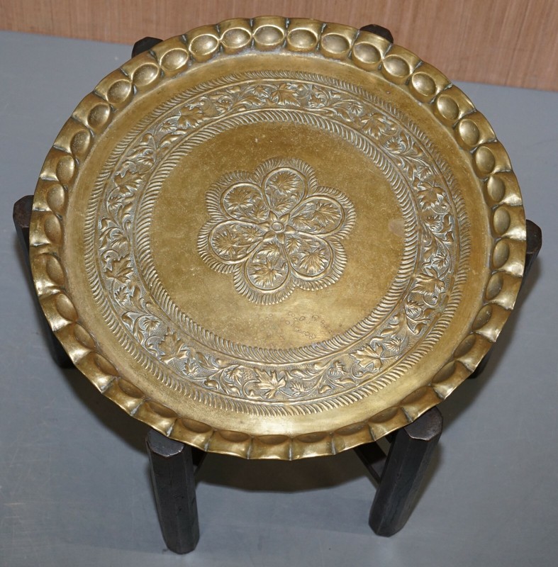 VERY RARE CIRCA 1920-1940 PERSIAN MOROCCAN BRASS TOPPED FOLDING OCCASIONAL TABLE gallery