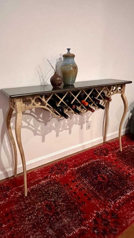 Vintage Bombay Co Console Table, Cream Metal, Faux Black Marble Top, Excellent gallery