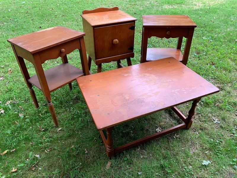 VINTAGE 4pc. ROCK MAPLE SET/END TABLES w/Drawers,COFFEE TABLE,DOOR PHONE TABLE