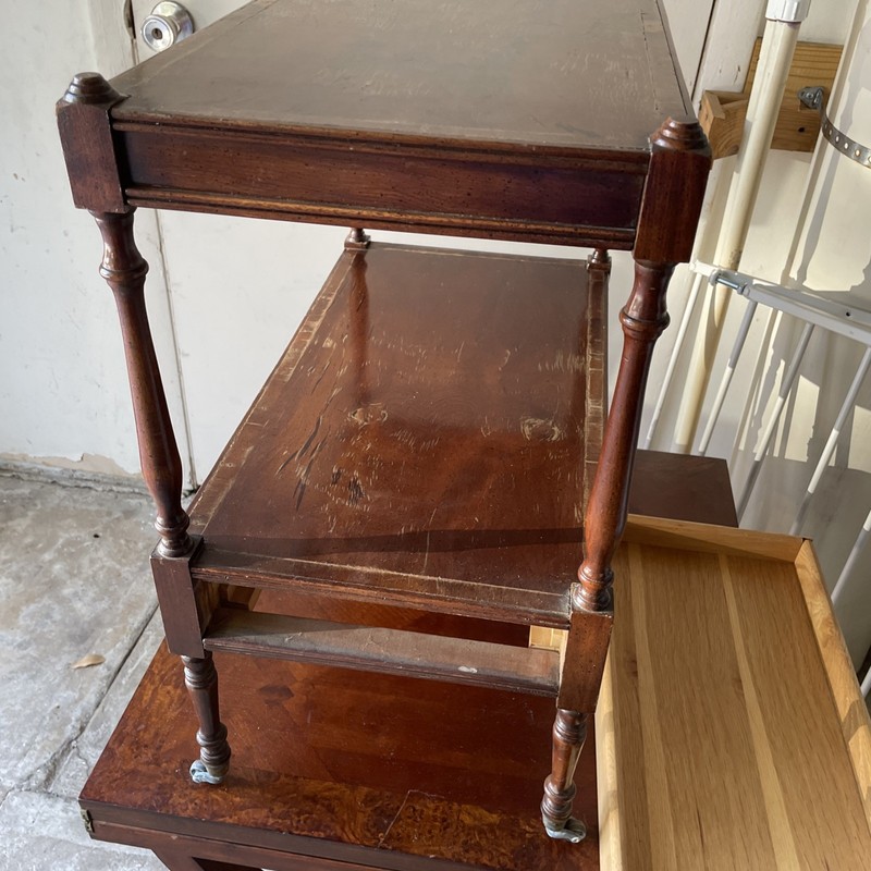 Hickory Chair Company Wood Two Tier Side-table On Wheels With Bottom Drawer. gallery