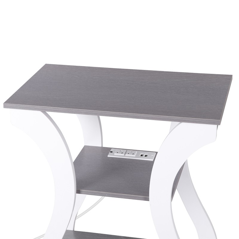 Side End Table Nightstand for Bedroom with Charging Station & 3 Shelf Grey+White gallery
