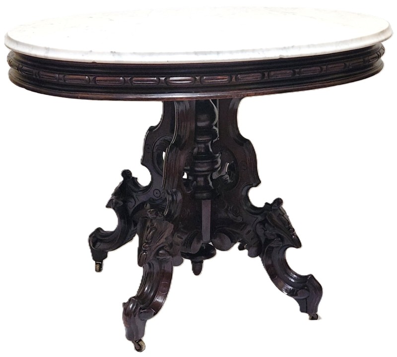 Center Parlor TABLE, Thomas Brooks NYC, Renaissance Victorian, Marble Top, 40"L gallery