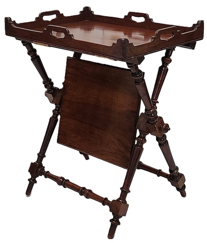 Tea Table, Butler Serving Tray, Folding Stand, Rare Shelf, Walnut, 29"t gallery