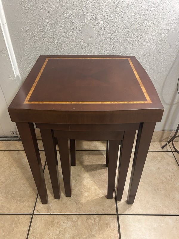 Vintage Solid Mahogany Inlaid Nesting Tables, Quality! Set Of 3 gallery