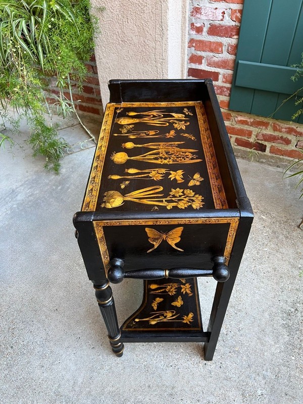 Antique English Sofa Side Table Decoupage Botanical Floral Black Gold c1890 gallery