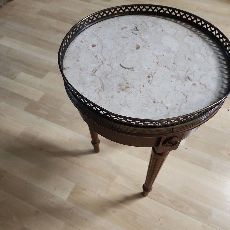 Victorian Antique Round Accent Table with Stone Top, Single Pedestal, Brown