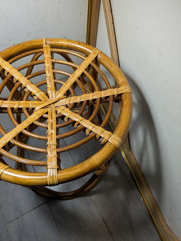 Vintage MCM Boho Chic Bamboo Rattan Round Table Stool Coastal Tiki Plant Stand gallery