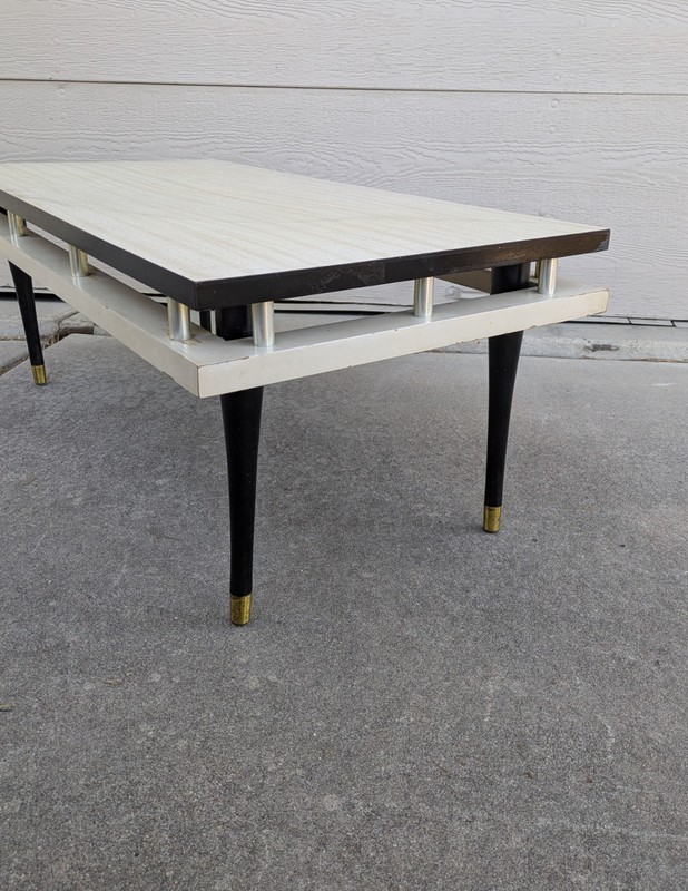 Vintage Mid Century Modern Atomic Formica Coffee Table Wood Brass Tapered Legs gallery