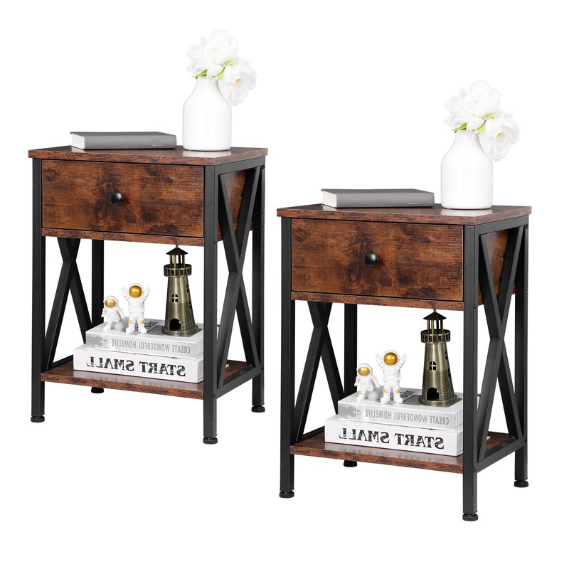 2 Set of End Tables X-Shaped Wooden Accent Sofa Side Table Drawer Open Shelf gallery