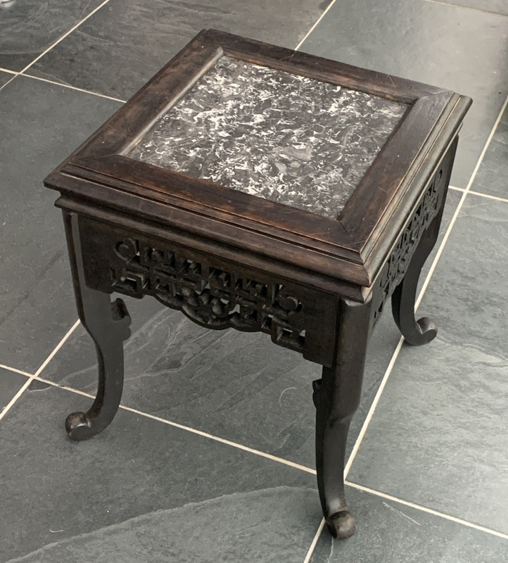 Antique Early C20th Chinese Ebonised Rosewood Marble Top Lamp Table Plant Stand