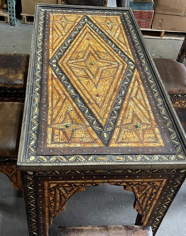 Authentic Moroccan Table with 6 chairs handmade Camel Bone and Silver Inlay Wood