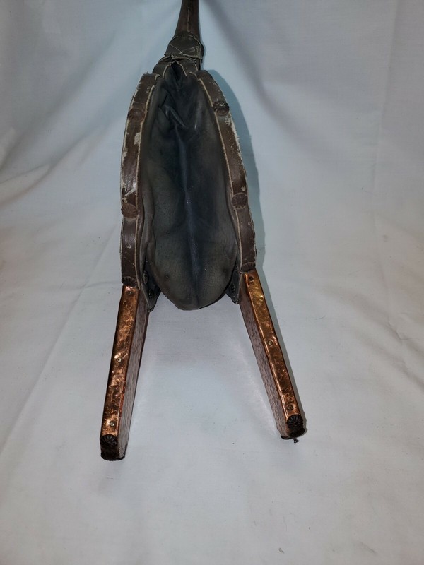 Vintage Copper AZTEC STATUTE FIREPLACE BELLOW Leather & Wood End RARE gallery