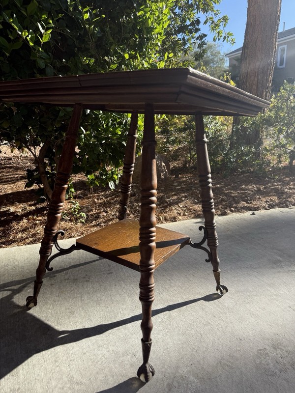 Antique Tiger Oak Parlor Table W/ Marble Talon Glass Feet gallery