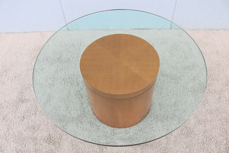 Mid-Century Modern Style 39 in Round Clear Glass Top Drum Wood Base Coffee Table gallery