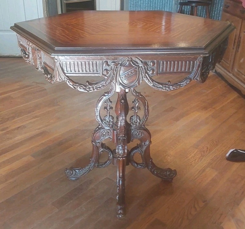 Antique Victorian Carved Octagon Parlor/Library Table With Made To Fit Glass Top