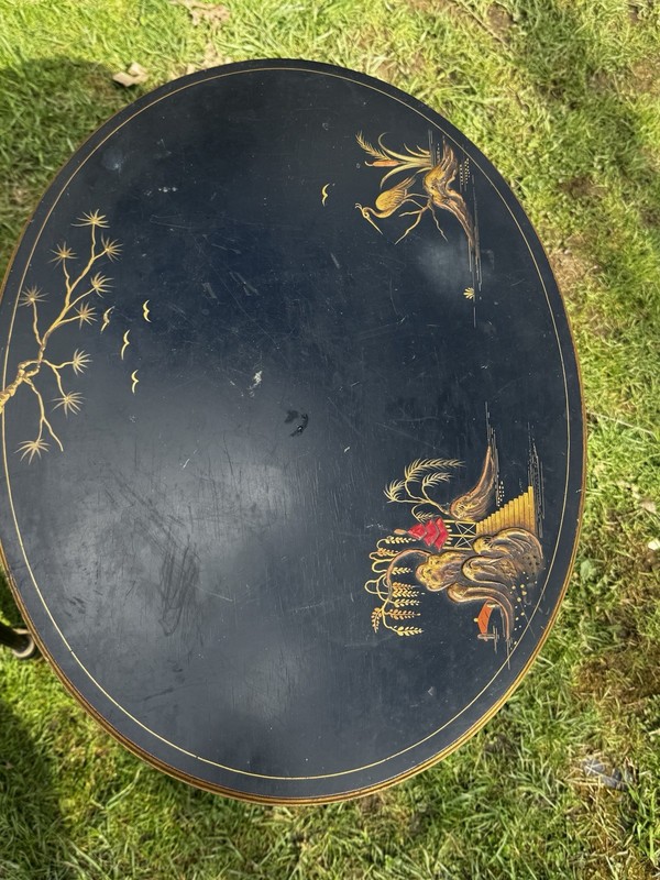 Vintage Oriental Asian Black Nesting Tables Set Of Three w Decorative Table Tops gallery