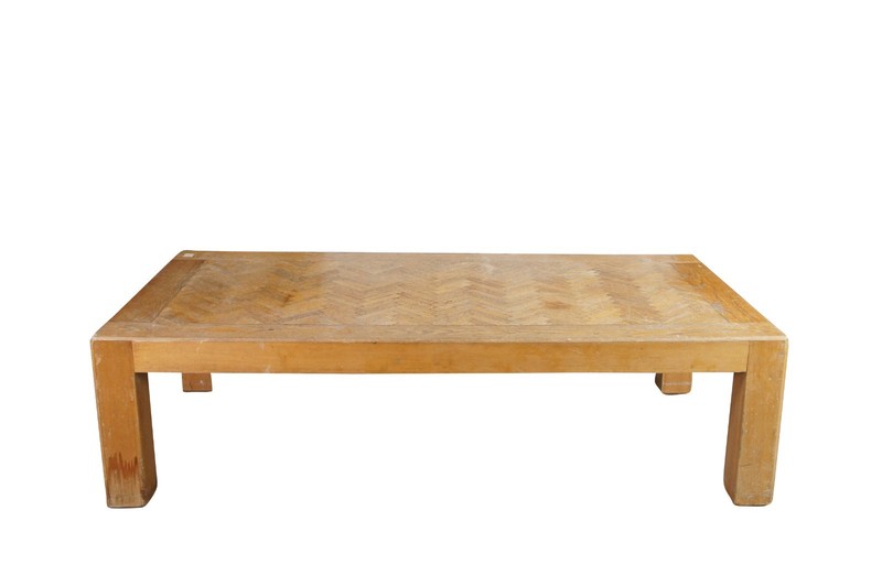 Mid Century Modern Parsons Style Oak Herringbone Coffee Cocktail Table 58″