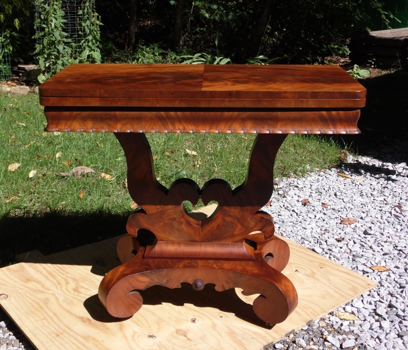 Antique 19th C Empire Flame Mahogany Swivel Top Console Game Table