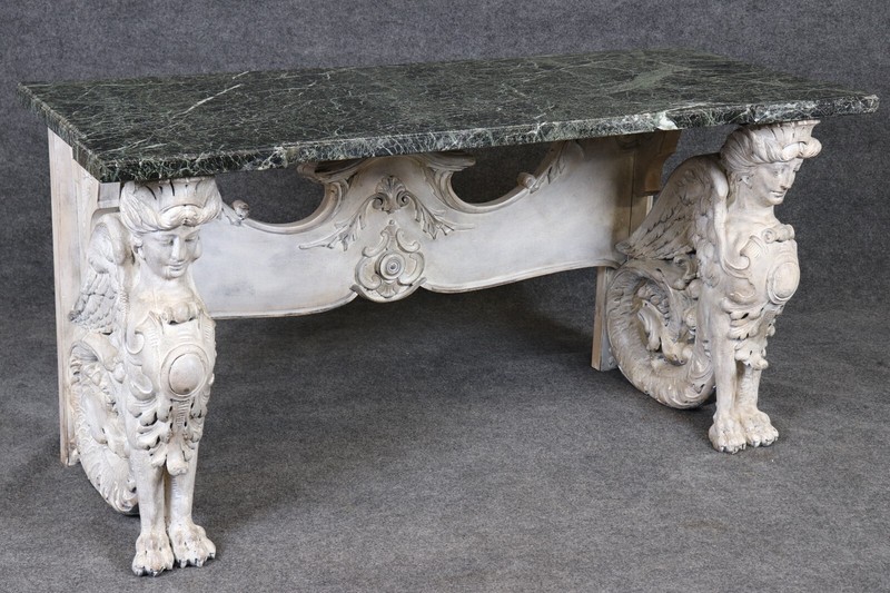 Stunning Monumental Figural Female Sphinx Carved Base Verdi Marble Console Table gallery