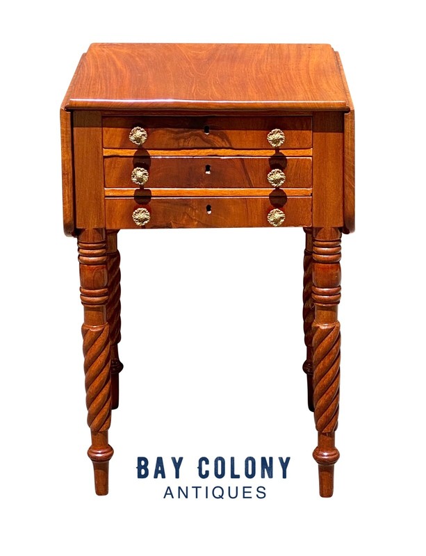 Antique Mahogany 3 Drawer Worktable / Nightstand with Rope Carved Legs gallery