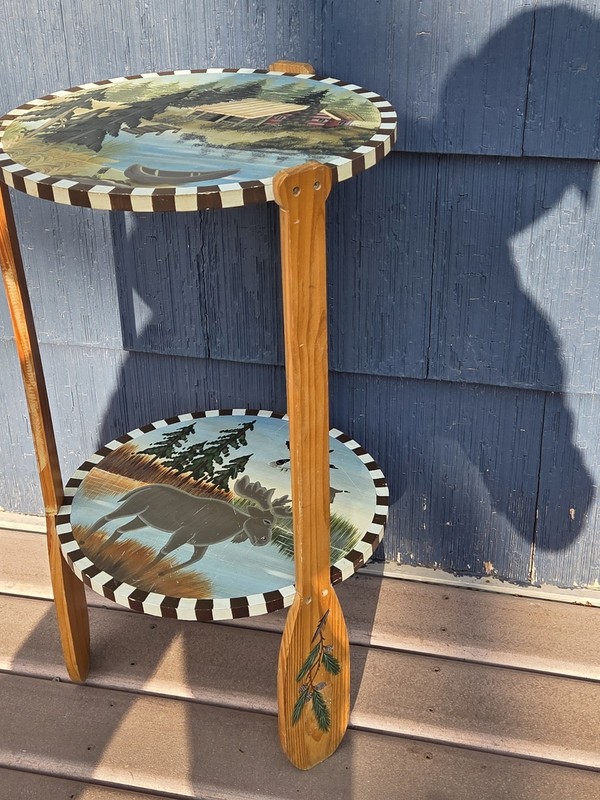Wilderness Handpainted Scene Round 2 Tier Side Table w/ Oar Paddle Legs - Cabin gallery