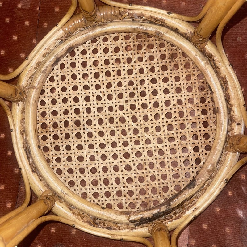 Vintage MCM Round Rattan Wicker Bamboo Cane Side Table Plant Stand Stool 10” gallery