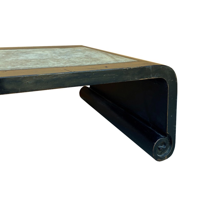 Distressed Black Lacquer Stone Top Scroll Legs Rectangular Coffee Table cs7287 gallery