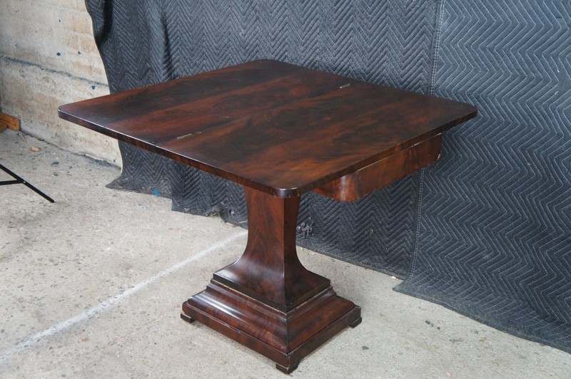 Antique 19th Century American Empire Crotch Mahogany Game Card Console Table gallery