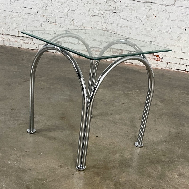 Bauhaus Style Arched Chrome Tube Base Square Beveled Glass Top End or Side Table gallery