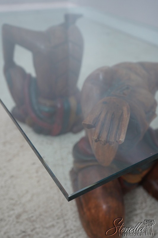 F63878EC: Asian Figural Carved Base Glass Top Coffee Table gallery