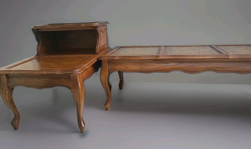 Vintage Coffee Table & 2 End Tables Leather Top Chippendale Henredon Style 8424 gallery