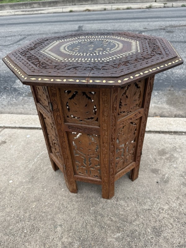 Antique Octagonal Carved Wooden Folding India Side Table 18x18 gallery