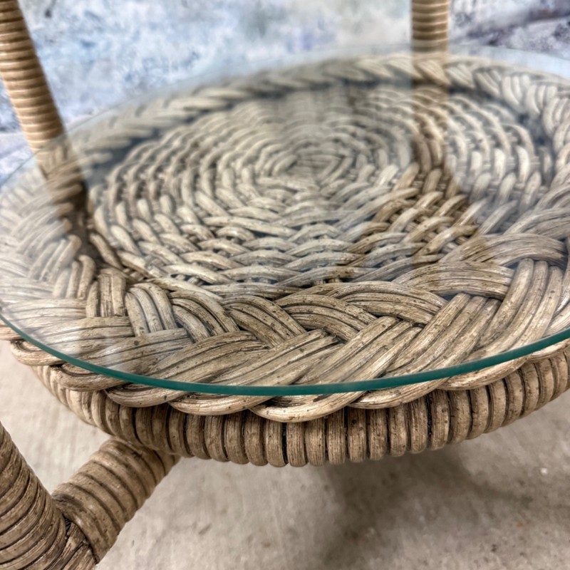Vintage Woven Rattan Two Tier Glass Top Side Table Boho Coastal Decor gallery