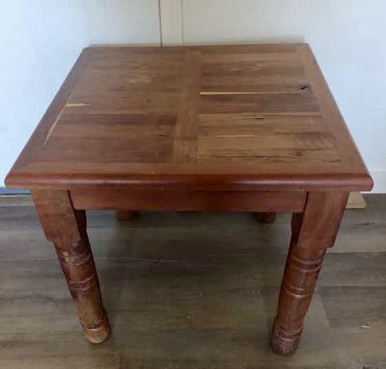 Rustic Antique Wooden Accent Table Square Mahogany Turned Legs Original Fixed