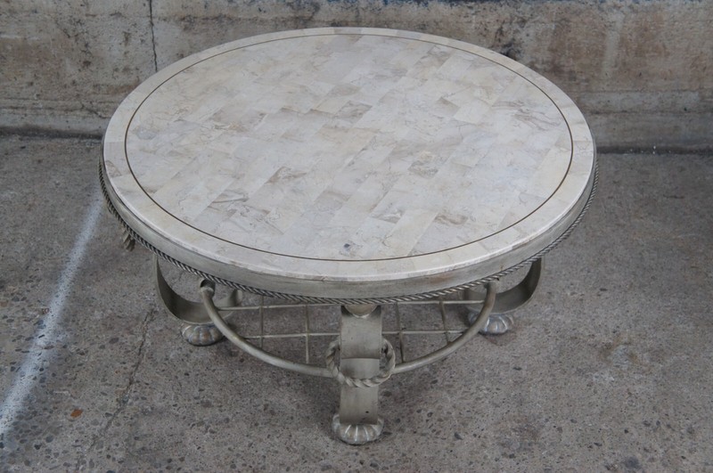Maitland Smith Round Tessellated Stone Scrolled Iron Coffee Cocktail Table 37" gallery