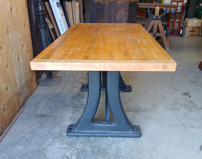 Antique Kitchen Island Work Desk Table Maple Top w Iron Industrial Machine Base gallery