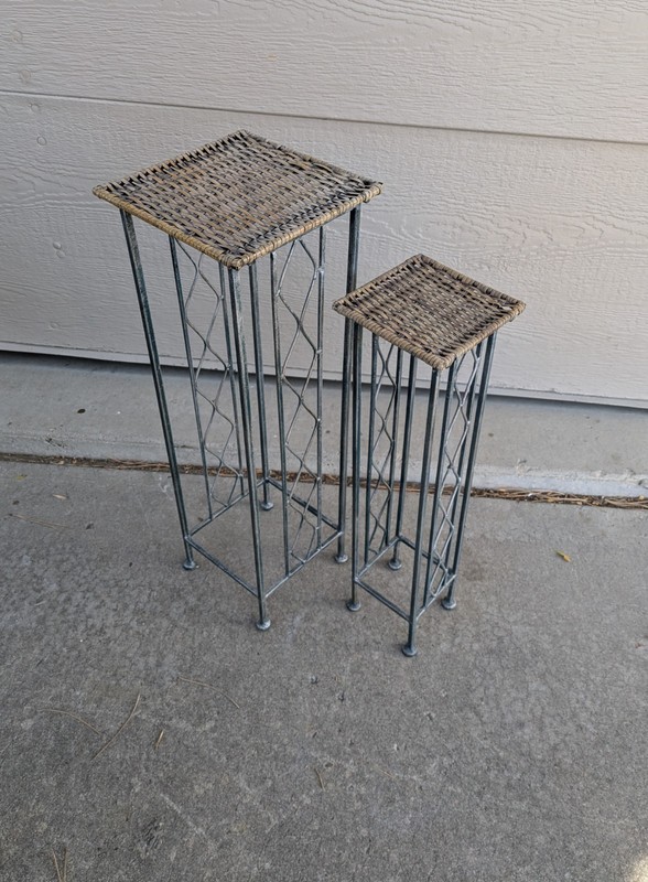 Vintage Set 2x Rustic Shabby Chic Wrought Iron Wicker Rattan Plant Stand Tables