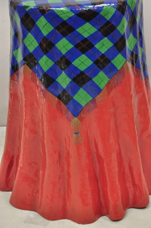 Vintage Paper Mache Red Blue Green Tartan Painted "Tablecloth" Drape Side Table gallery