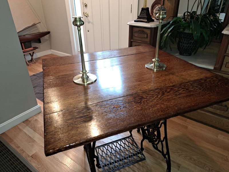 Repurposed 19th Century Cast Iron Singer Sewing Base/Oak Drop Leaf Farmers Table gallery