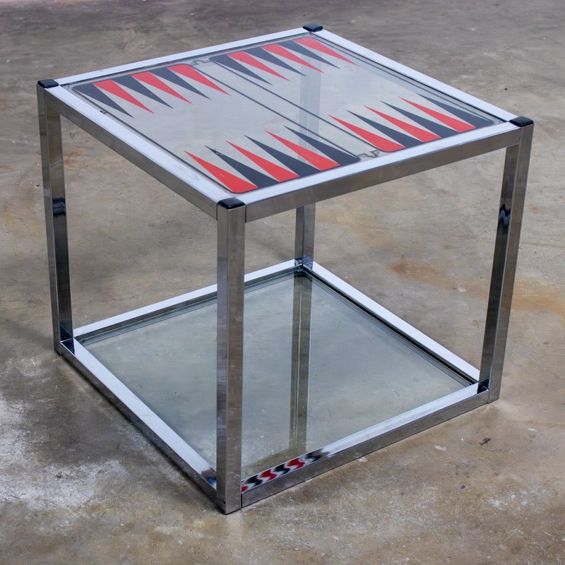 Mid-20th MCM Game End or Side Table Chrome Cube Frame & Backgammon Glass Top gallery