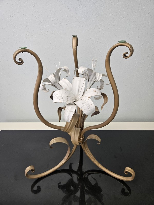 MCM Hollywood Regency Italian Gold Tole White Lilies Glass Top Cocktail Table