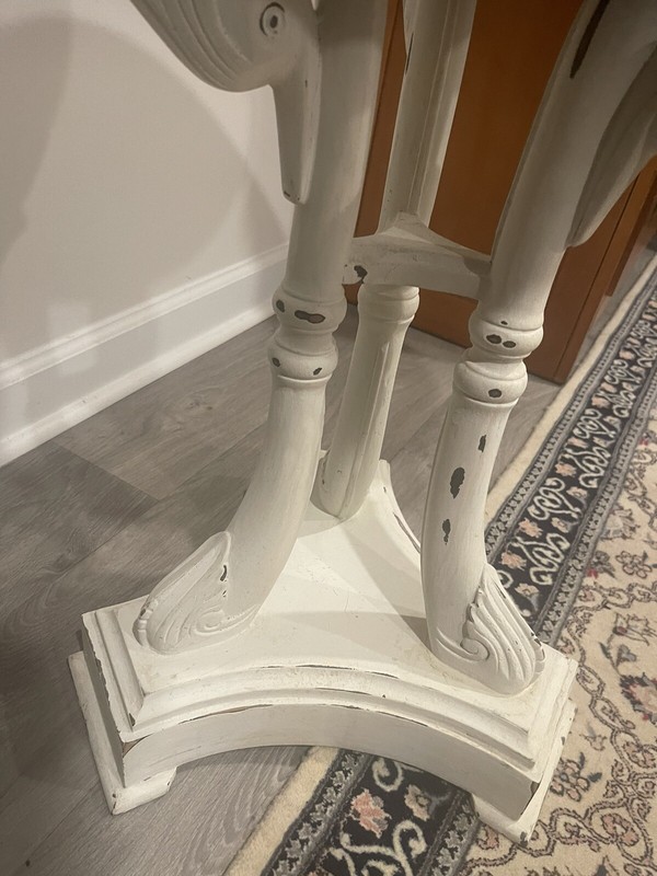 Vintage Table White Paint Over Dark Wood Carved Swan Table 20” Top 27” Floor Top gallery