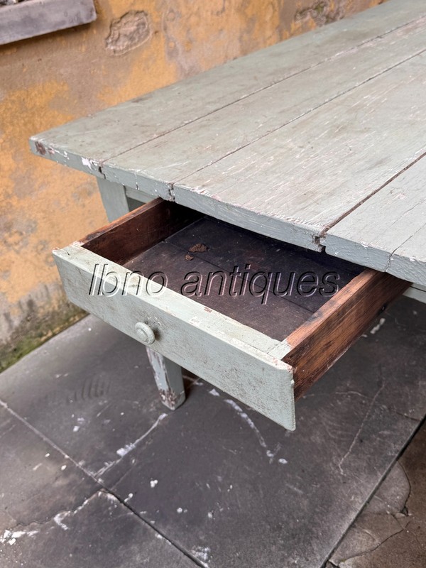 ANTIQUE CHARMING FARM TABLE LIGHT GREEN . SOLID PINE , ONE DRAWER . 7FT LONG gallery